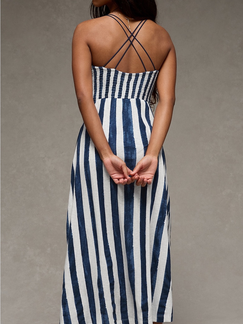 AE Striped Navy and White Maxi Sundress with Crisscross Back